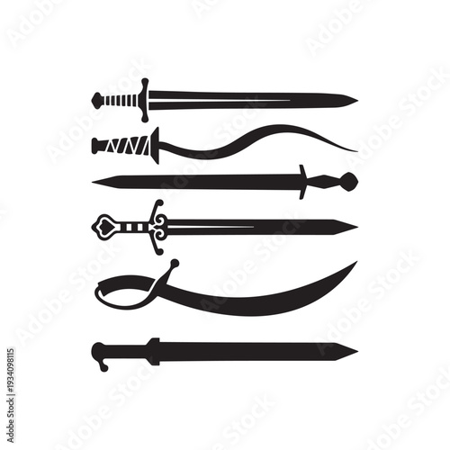  Silhouette Set of Ancient Medieval Swords Daggers and Sabers for Warrior Combat. 