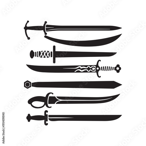  Silhouette Set of Ancient Medieval Swords Daggers and Sabers for Warrior Combat. 