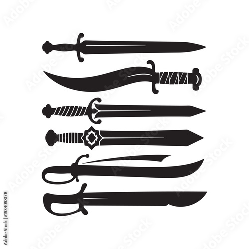  Silhouette Set of Ancient Medieval Swords Daggers and Sabers for Warrior Combat. 