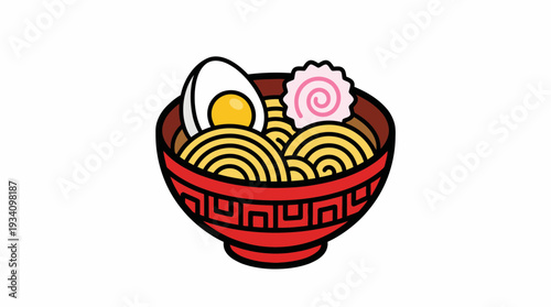 Colorful and inviting graphic of classic Asian ramen noodles served in a bowl with a perfectly cooked egg and fish cake slice