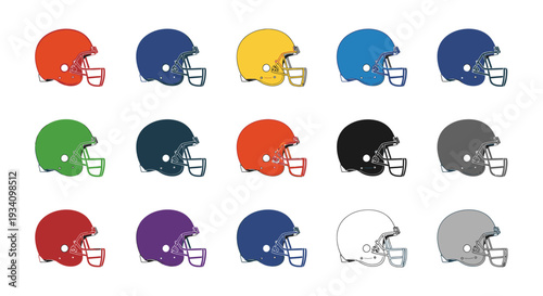 Vibrant collection of American football helmets in multiple colors, perfect for sports themes, team branding, and game day illustrations.