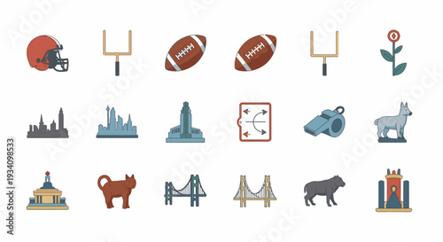 Diverse collection of flat design icons featuring sports, travel landmarks, animals, and nature elements for web and mobile applications.