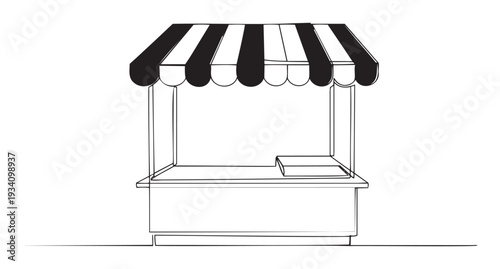 Simple black and white line drawing of an empty market stall with a striped awning, suitable for business presentations, retail promotions, and event graphics.
