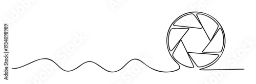 Captivating single line drawing illustrating a dynamic wavy path leading to a precise camera aperture icon, excellent for innovative advertising campaigns, photography school emblems, and