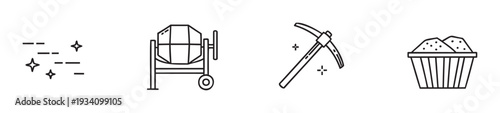 Collection of construction and mining tool icons including a sparkle effect, cement mixer, pickaxe, and material container, perfect for industrial projects and engineering presentations