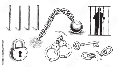 Monochromatic handdrawn collection symbolizing captivity and escape, featuring prison bars, shackles, handcuffs, a key, a padlock, and a broken chain, ideal for various graphic and
