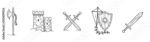 Sketched medieval weaponry and defensive structures including a halberd, sturdy castle tower, crossed swords, a heraldic shield with banner, and a sharp single sword ideal for historical