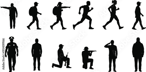 Silhouettes of Military, Police, Runners, Walkers, and Armed Figures – Isolated Human Characters in Action, Patrol, and Tactical Poses on White Background