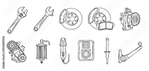Automotive repair shop essentials featuring wrenches, brake parts, engine components, and suspension items, suitable for mechanic service branding and vehicle maintenance guides.