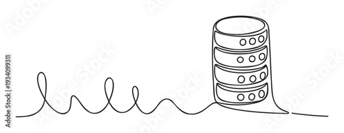 A continuous line drawing illustrating the concept of data flow and server connection, useful for technology presentations, digital infrastructure explanations, and abstract computing