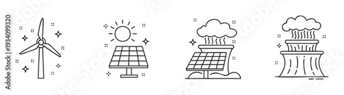 Stylized line icons depicting various energy sources and power generation methods including wind turbine, solar panels, and industrial power plants, perfect for illustrating green