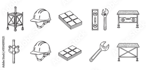 Essential construction tools and building equipment like safety hard hats, adjustable wrenches, spirit levels, floor tiles, and scaffolding for architectural plans or educational resources.