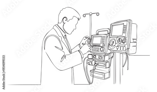 Medical professional adjusting advanced hospital equipment, showcasing expertise in critical care and technical operation for healthcare services promotion or medical education resources