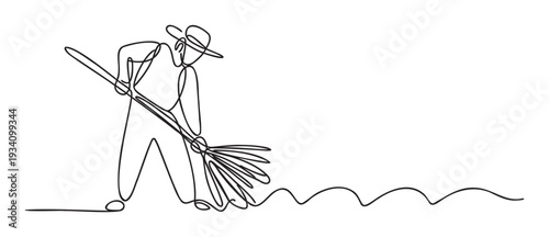 Stylized continuous line artwork featuring a person in a hat sweeping with a broom, forming a decorative path, suitable for themes of tidiness, effort, and domestic work