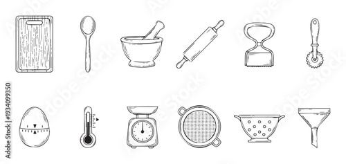 Essential kitchen and baking tools collection with various utensils, measuring devices, and preparation items for home cooking, culinary projects, and recipe guidance.