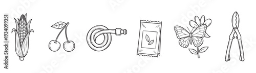 Essential farming and gardening items including corn, ripe cherries, coiled hose, plant seed packet, delicate butterfly on a flower, and useful pruning shears for various design projects