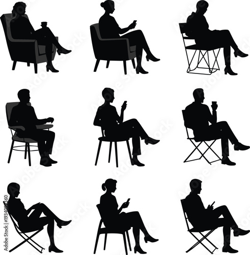 Silhouettes of men and women sitting on different chairs, holding smartphones and coffee cups, casual posture, relaxation, modern lifestyle, communication, digital technology usage