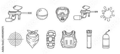 Black and white sketch outline collection of paintball game gear and equipment like markers, masks, and accessories for sports activity and hobby themed projects.