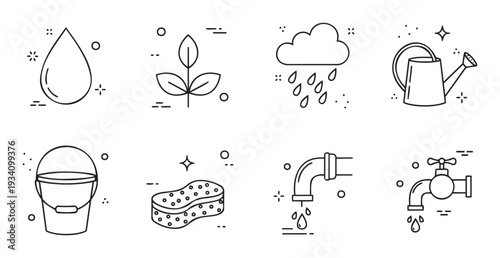 Collection of line icons representing water conservation, gardening, and household cleaning supplies, ideal for web graphics, educational materials, and application interfaces