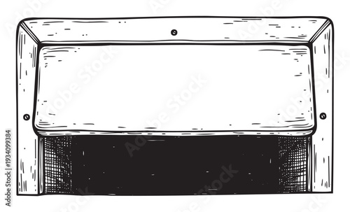 Black and white hand drawn grungy style open container or storage box with a partially raised lid and dark interior space, ideal for rustic packaging themes, old fashioned presentation