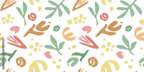 Seamless pattern with abstract silhouettes of leaves, flowers, and geometric shapes.  vector graphics.