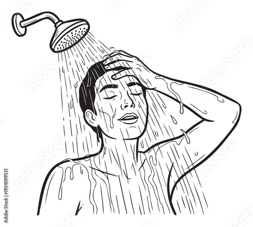 Outline drawing of a person enjoying a refreshing shower with water flowing from the shower head, perfect for health, hygiene, and bathroomrelated advertisements or educational materials.