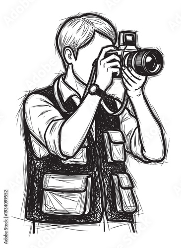 A professional male photographer is intensely focused on taking a picture with his camera, wearing a practical vest, perfect for media, creative projects, and publishing.