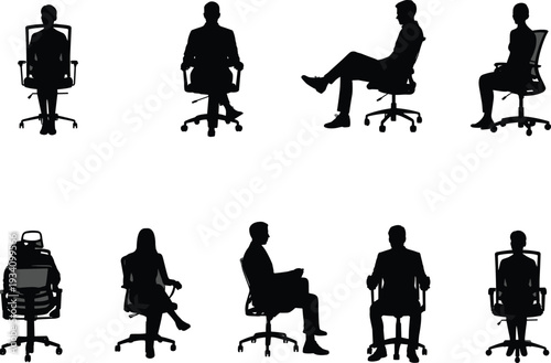 Silhouettes of office workers sitting on chairs, business meeting posture, professional seated positions, ergonomic furniture illustration, workplace concept design.