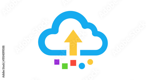 Cloud computing illustration: data transfer symbol with colorful elements and upward arrow design