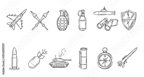 Collection of handdrawn military icons featuring combat aircraft, grenades, submarines, tanks, bombs, and navigation tools, perfect for defenserelated graphics and educational resources.