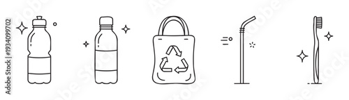 Sustainable lifestyle icon set featuring a clean reusable water bottle, recycling bag, eco friendly straw, and natural toothbrush for environmental and green living themes and zero waste