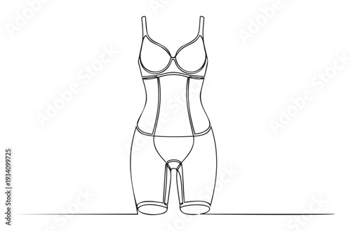 Sleek one line drawing of a womens full body shaper garment provides an elegant and simple visual for lingerie advertisements, wellness blogs, and beauty product promotions.