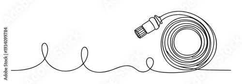Continuous line drawing of a coiled garden hose with a nozzle, symbolizing watering, gardening, and outdoor maintenance for various domestic utility projects