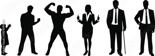 Silhouettes of people at different life stages, child to elderly, business man, bodybuilder, woman, diverse ages, growth, life cycle, human development concept.