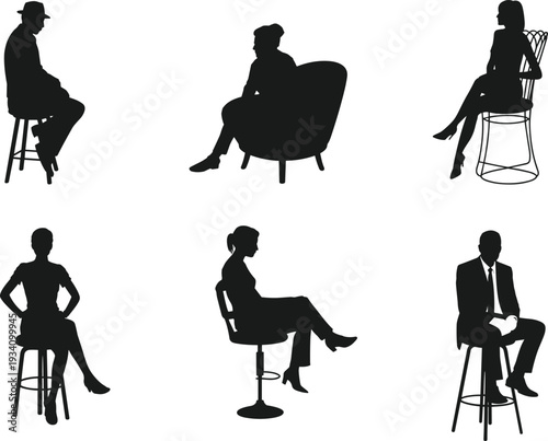 Silhouettes of men and women sitting on different chairs, bar stools, and office seats in casual and formal postures for design concepts