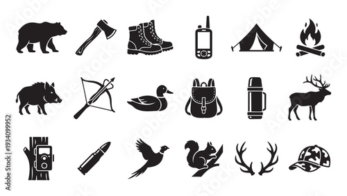 Set of hunting and outdoor lifestyle icons featuring various equipment, tools, and wild animals for use in promotional materials, educational resources, or outdoor sports branding