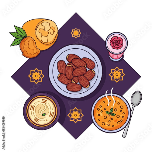 Vibrantly Illustrated Table Setting Featuring Dates, Aromatic Soup, Creamy Dip, and Fresh Fruit, Thoughtfully Arranged on a Decorative Mat, Embodying Tradition and Nourishment for Special Gatherings