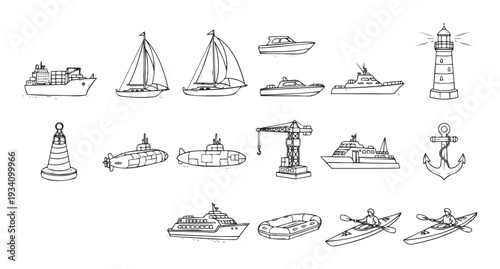 Various marine transportation vessels, yachts, and nautical elements perfect for travel brochures, educational projects, or maritime industry presentations featuring ships, boats, and port