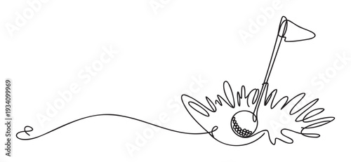 Minimalist continuous line drawing depicting a golf ball near a flag on a green, perfect for sports event promotions, golf club branding, or modern athletic lifestyle content