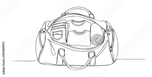 Travel bag with neatly folded clothes and a rolled item, presented in a fluid continuous line drawing style, perfect for illustrating travel preparation or organization themes.
