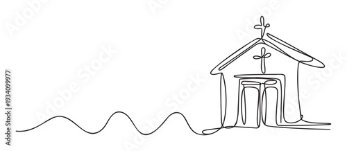 Minimalist continuous line drawing of a tranquil church building with prominent crosses, symbolizing faith and spiritual journey, perfect for religious event invitations or inspirational