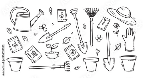 Hand drawn gardening tools and supplies collection featuring watering can, shovels, rake, seed packets, pots, gloves, and plants, ideal for springtime and horticulture projects.