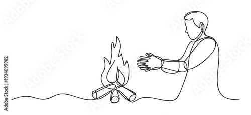 A minimalist continuous line drawing depicting a person warming hands by a crackling campfire, ideal for outdoor adventure promotions, cozy evening themes, or wilderness survival guides.