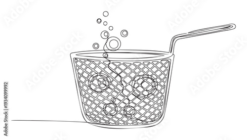 Single continuous line drawing of a deep fryer basket with hot bubbling oil, ideal for food industry promotions, culinary workshop materials, or kitchen equipment advertisements.