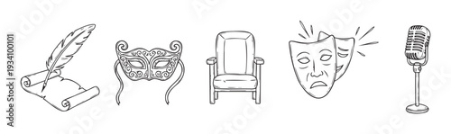 Classic literary and performing arts icons including a quill, masquerade mask, theater seat, drama masks, and a microphone for entertainment and education media projects