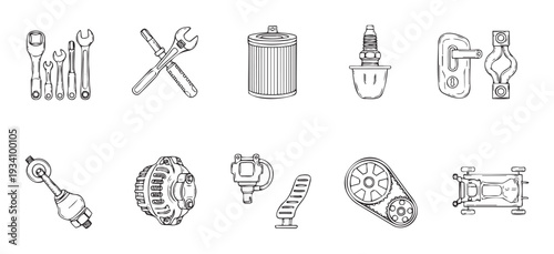 A collection of technical black outline drawings showcasing various automotive components and workshop tools, perfect for repair manuals, educational content, or DIY mechanic guides for