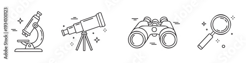 Collection of minimalist outline icons for scientific equipment including a microscope, telescope, binoculars, and magnifying glass, perfect for educational resources, technology