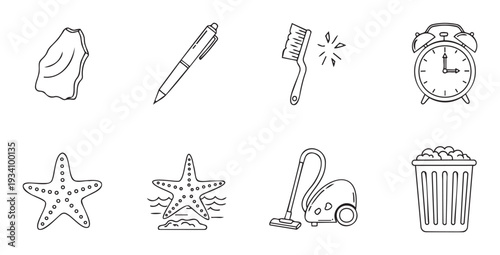 A collection of household items, office supplies, and marine life presented as simple line icons perfect for web graphics, mobile applications, or instructional materials.
