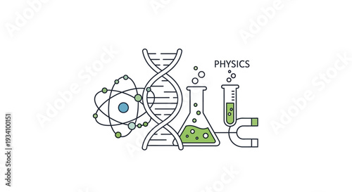 Conceptual illustration of science, physics, dna, and scientific tools on white background