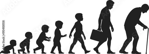 Silhouette showing male human life stages from crawling baby to elderly man with cane, symbolizing aging, growth, evolution, time, and journey.
